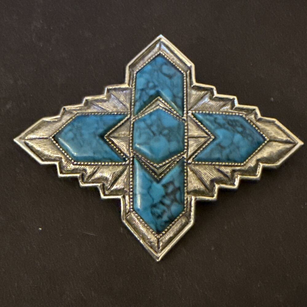 Sarah Coventry Turquoise Brooch Pin Silver Tone Geometric Large Signed Southwest
